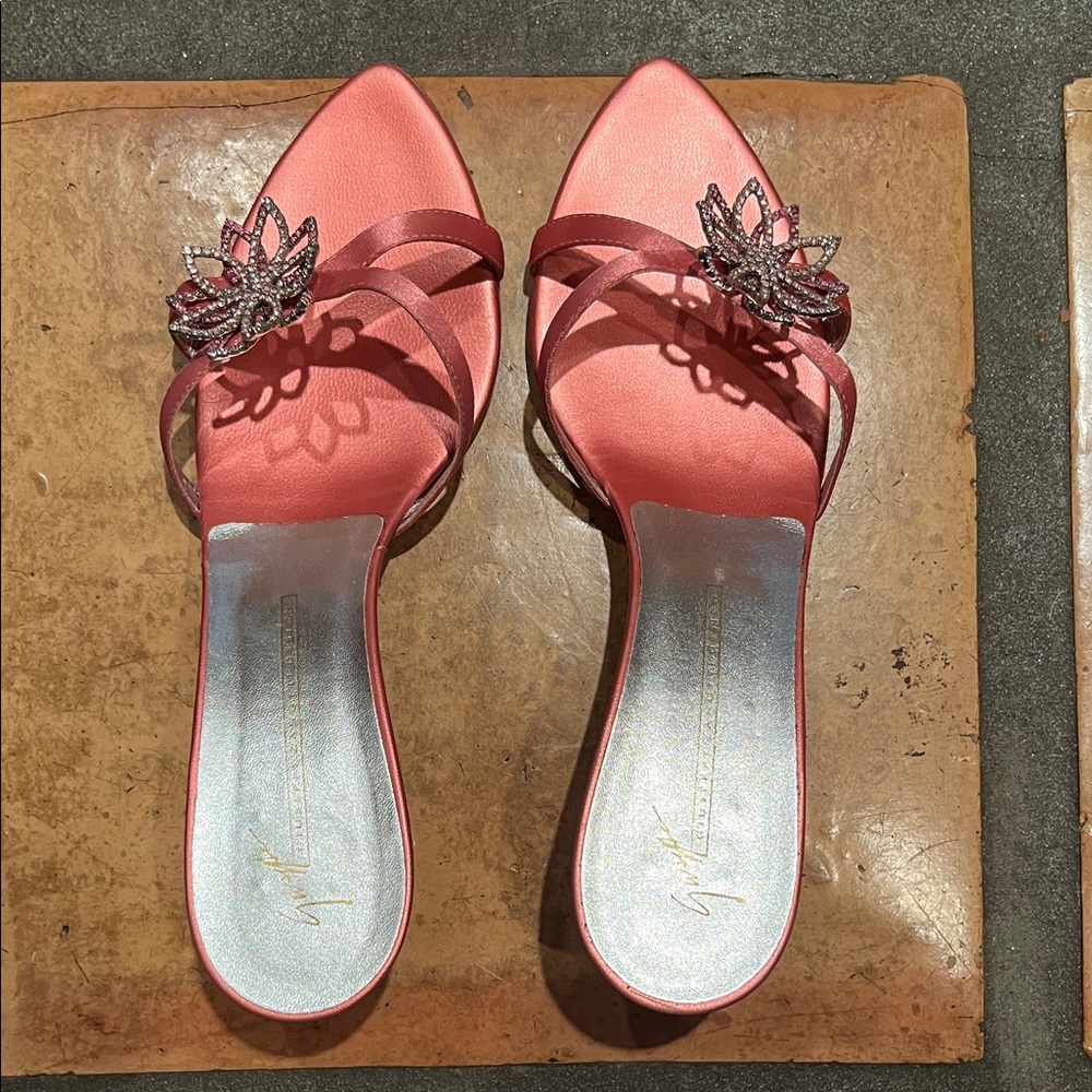 Elegant Pink Satin Women's Shoes with rhinestone detail.